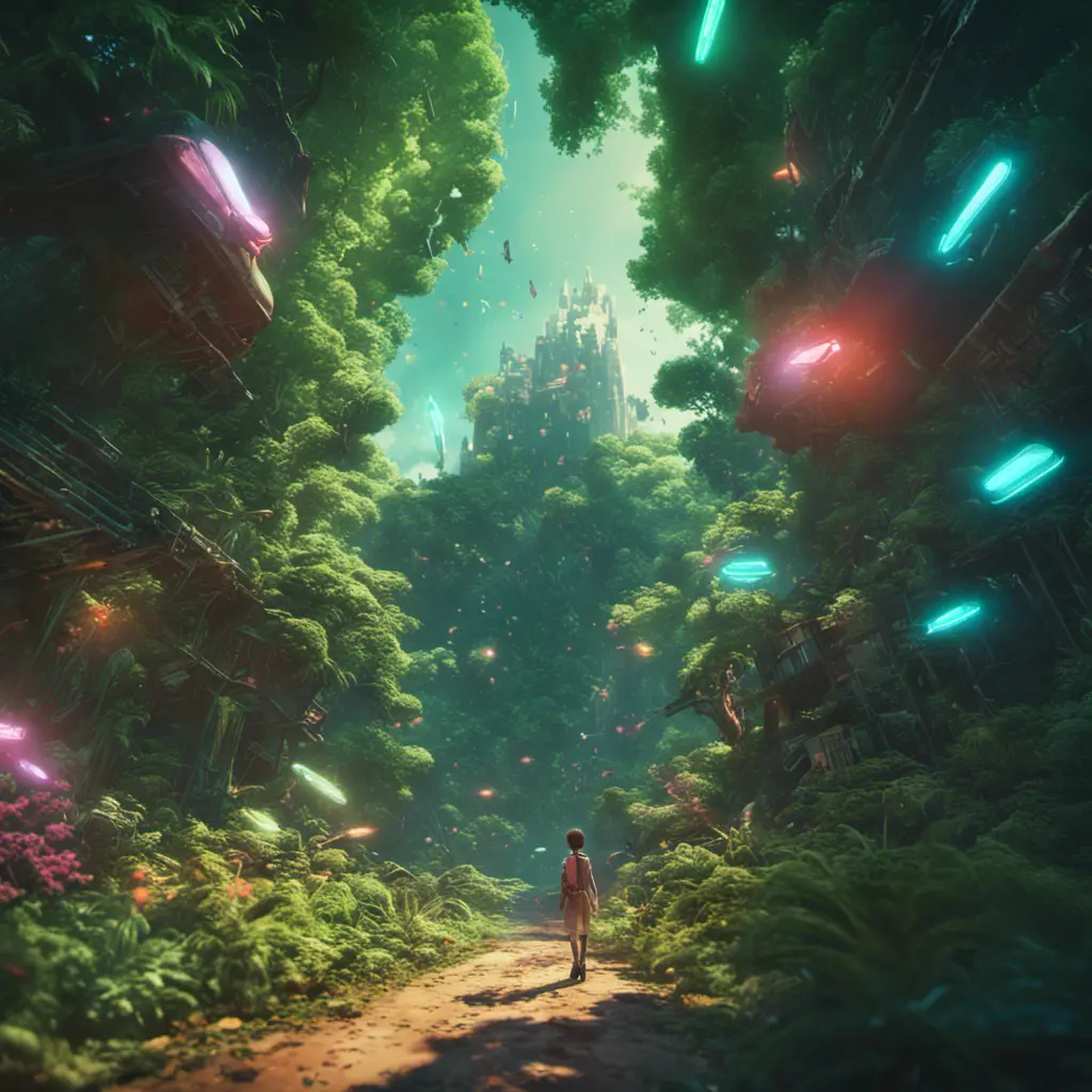 Studio ghibli, rocket explosion, jungle, solar, green technology, optimist future, 8k, Bokeh effect, Cinematic Lighting, Octane Render, Iridescence, Vibrant by Beeple, Dan Mumford, Greg Rutkowski, WLOP