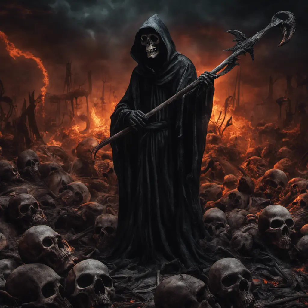 Grim reaper in hell, above a pile of corpses, dark and scary night, 8k, Gothic and Fantasy, Beautiful, Sci-Fi, Photo Realistic