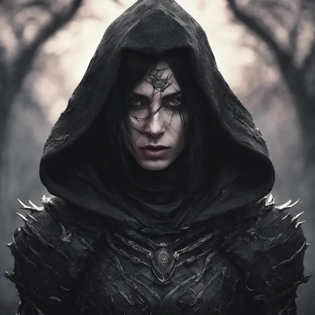 Intricate portrait of a horrifying pale assassin dusk elf, black hair, black eyes, fully covering black hooded armor in an apocalytpic world with Ravens, 8k, Gothic and Fantasy, Beautiful, Sci-Fi, Photo Realistic