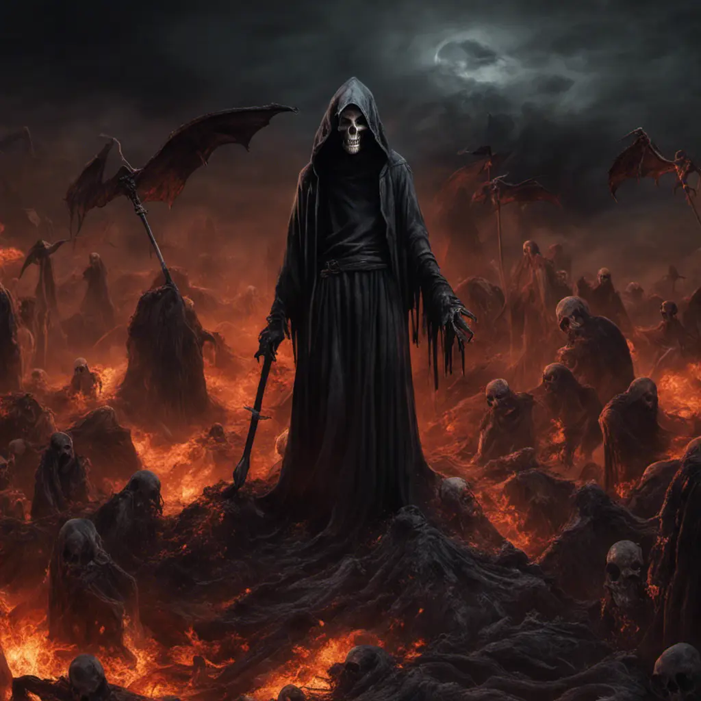 Grim reaper in hell, above a pile of corpses, dark and scary night, 8k, Gothic and Fantasy, Beautiful, Sci-Fi, Photo Realistic