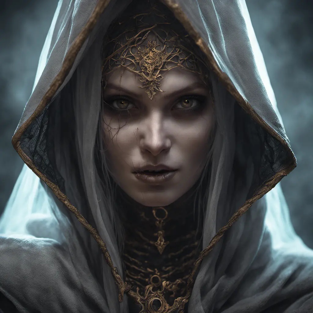 Veiled female necromancer, 8k, Gothic and Fantasy, Elden Ring, Photo Realistic, Dynamic Lighting by Stanley Artgerm Lau, Greg Rutkowski