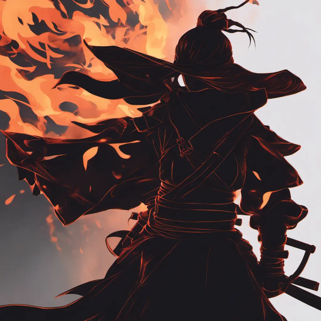 Silhouette of a samurai female assassin in the style of Fire watch, 8k, Dystopian, Trending on Artstation, Volumetric Lighting