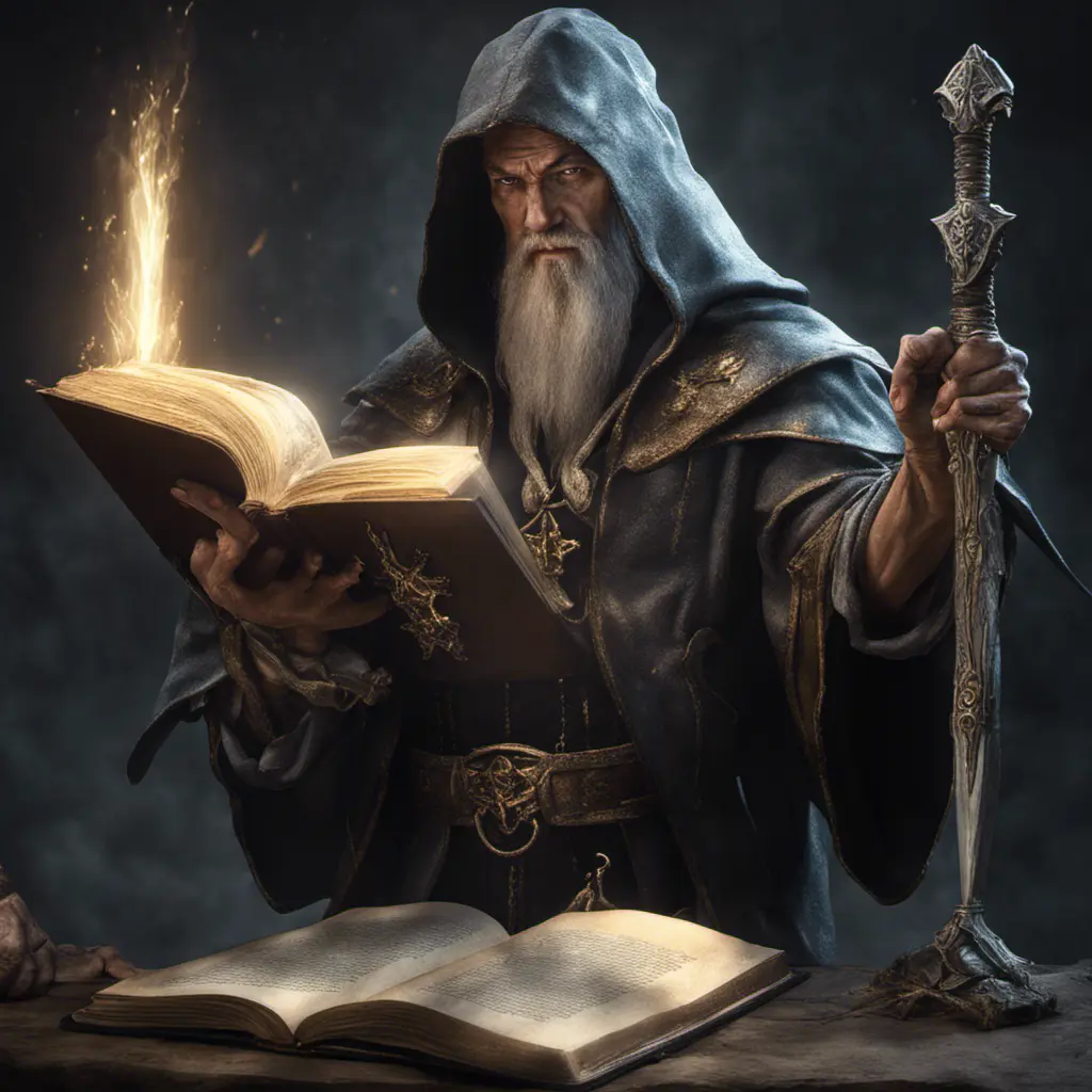 Fierce wizard with book in left and sword right hand, 8k, Gothic and Fantasy, Elden Ring, Photo Realistic, Dynamic Lighting by Greg Rutkowski