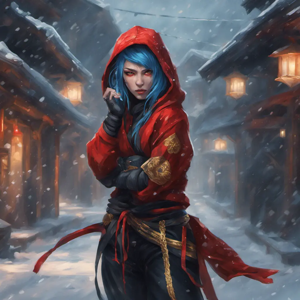 Mysterious beautiful kunoichi ninja wearing black, red and gold in the streets of a dark snowy town in russia, 8k, Intricate Details, Trending on Artstation, Blue Hair by Stanley Artgerm Lau, WLOP