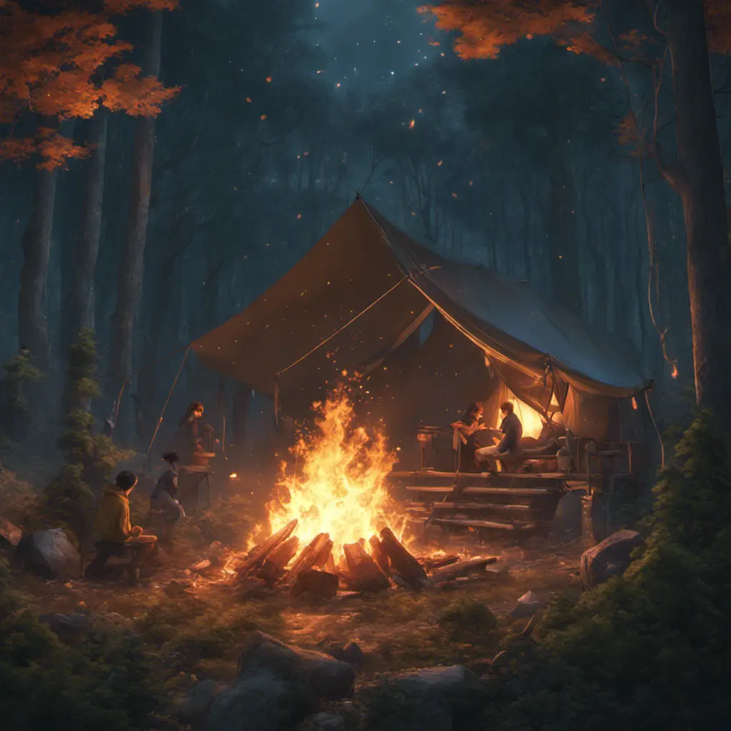 A highly detailed matte painting of a camp fire in the forest at night by studio ghibli, 4k resolution, Masterpiece, Trending on Artstation, Cyberpunk, Octane Render, Volumetric Lighting by Stanley Artgerm Lau, Greg Rutkowski, Makoto Shinkai, WLOP