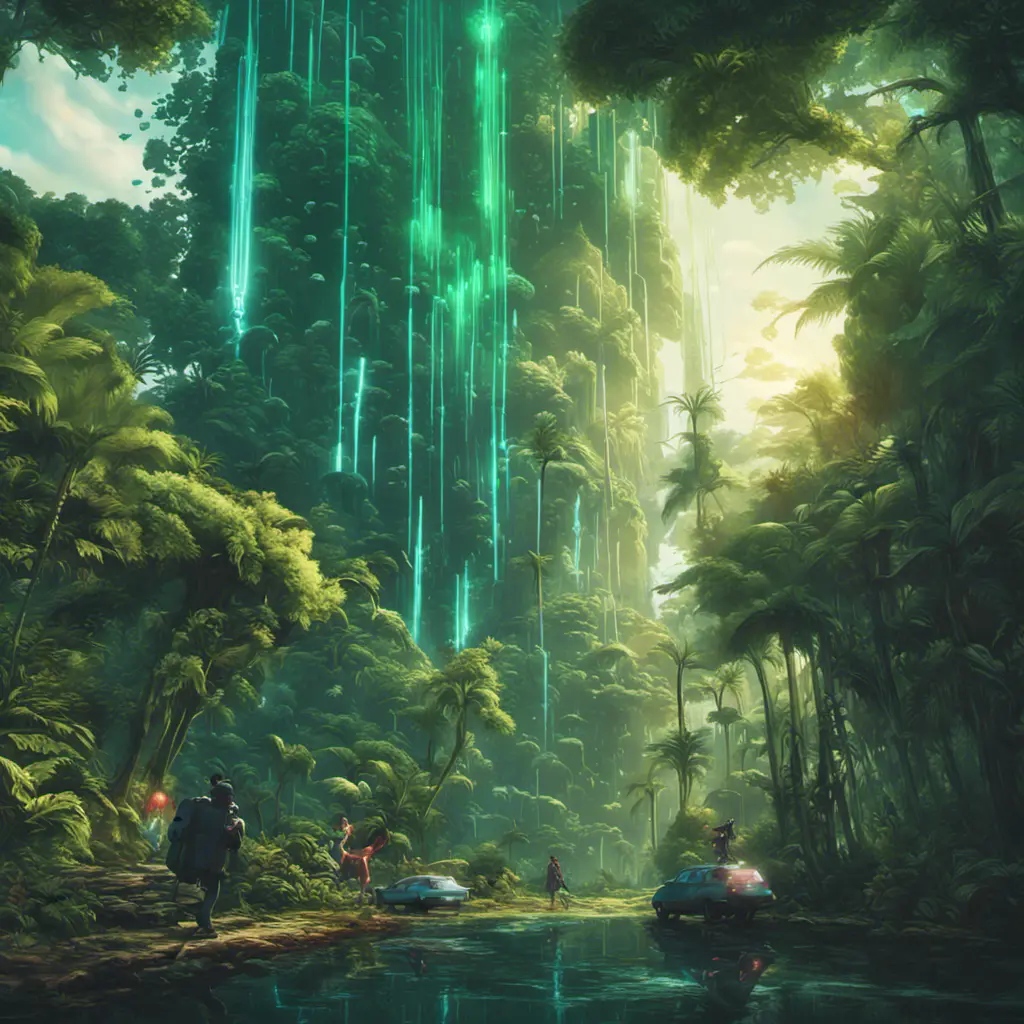 Studio ghibli, rocket explosion, jungle, solar, green technology, optimist future, 8k, Bokeh effect, Cinematic Lighting, Iridescence, Vibrant by Beeple, Dan Mumford, Greg Rutkowski, WLOP