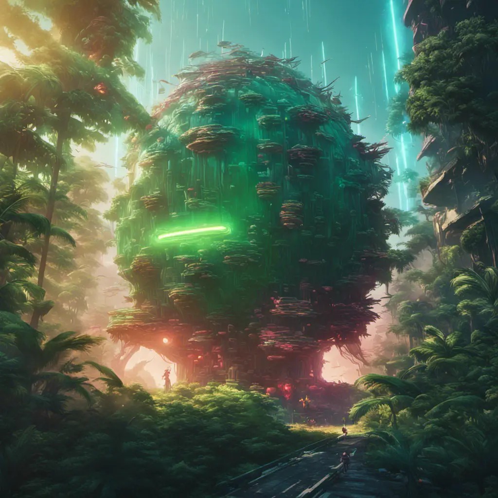 Studio ghibli, rocket explosion, jungle, solar, green technology, optimist future, 8k, Bokeh effect, Cinematic Lighting, Iridescence, Vibrant by Beeple, Dan Mumford, Greg Rutkowski, WLOP