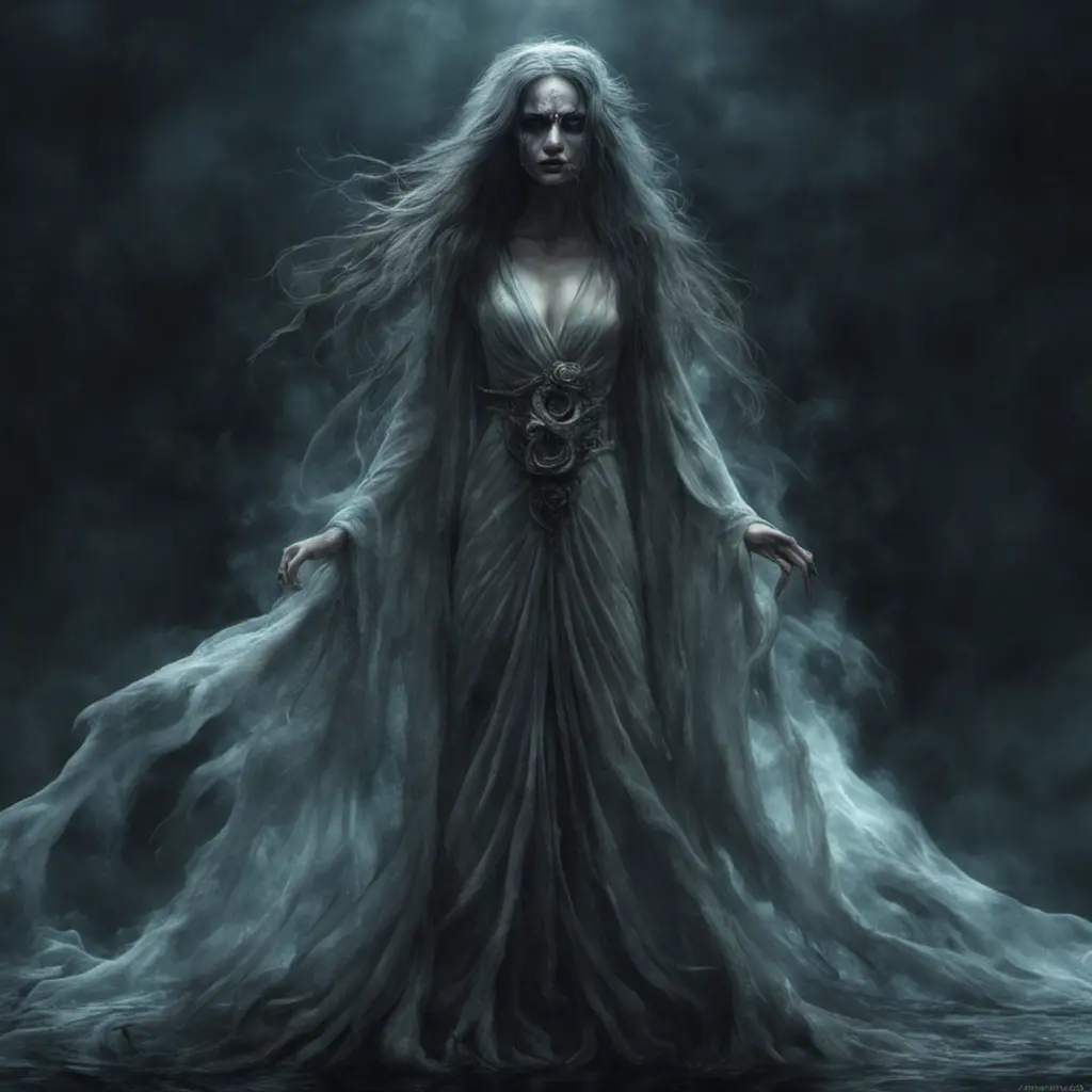 Ghostly rotting dead evil undead siren, graceful, flowing robes, wispy, glowing dark eyes, darkness, 8k, Gothic and Fantasy, Beautiful, Sci-Fi, Photo Realistic