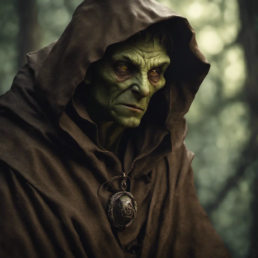 Detailed goblin with tired expression wearing a brown hooded cloak in a forest, 8k, Gothic and Fantasy, Elden Ring, Photo Realistic, Dynamic Lighting by Greg Rutkowski