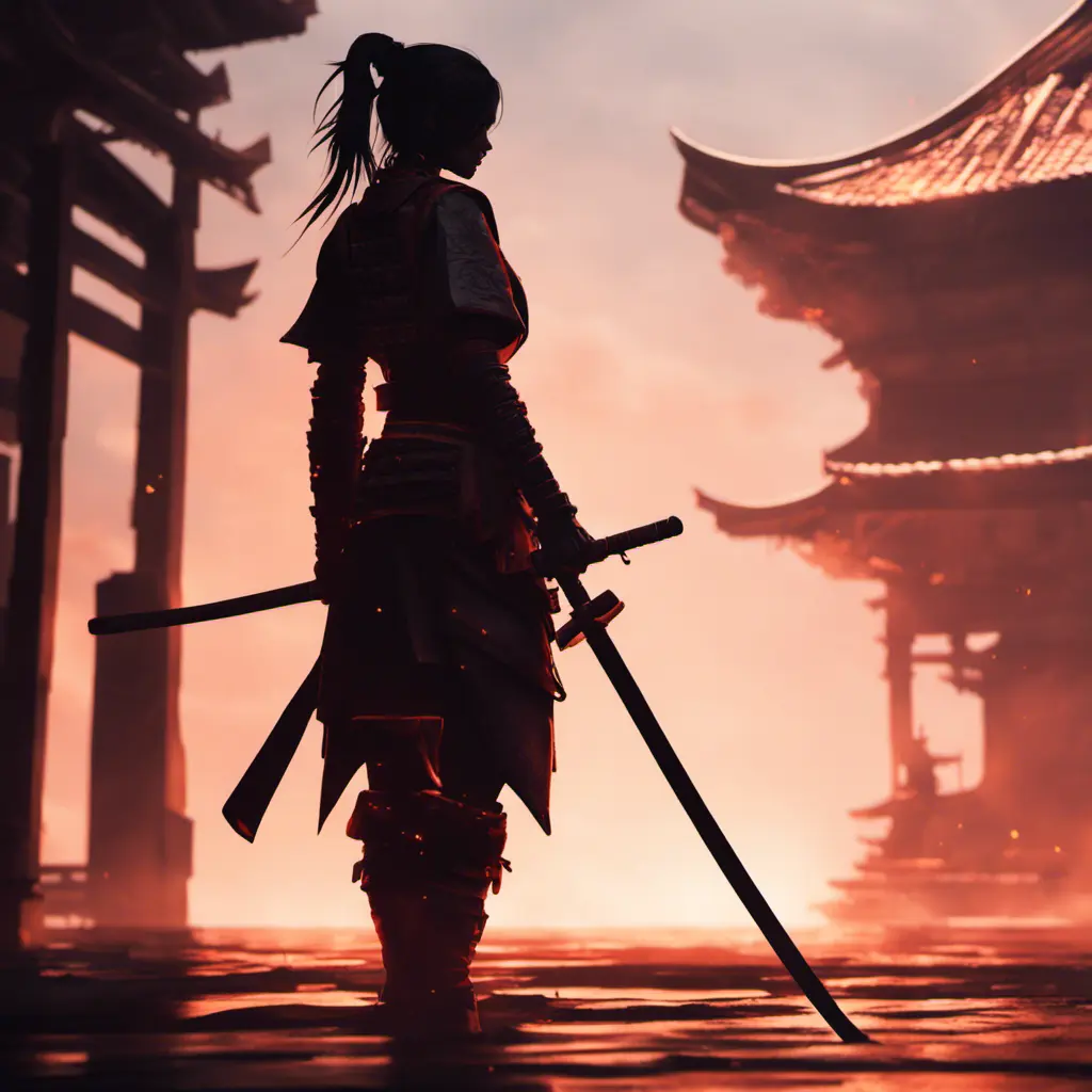 Silhouette of a samurai female assassin in the style of Fire watch, 8k, Dystopian, Trending on Artstation, Volumetric Lighting