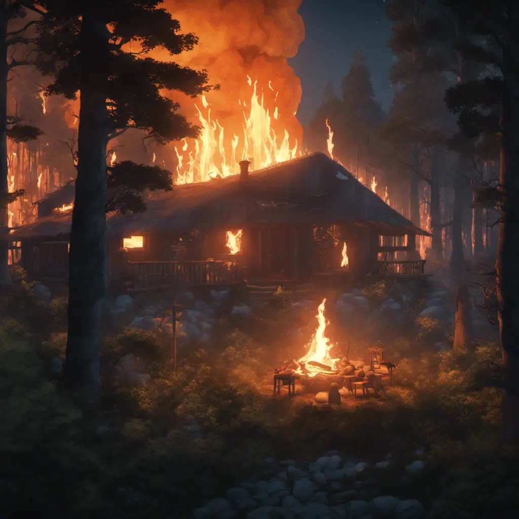 A highly detailed matte painting of a camp fire in the forest at night by studio ghibli, 4k resolution, Masterpiece, Trending on Artstation, Cyberpunk, Octane Render, Volumetric Lighting