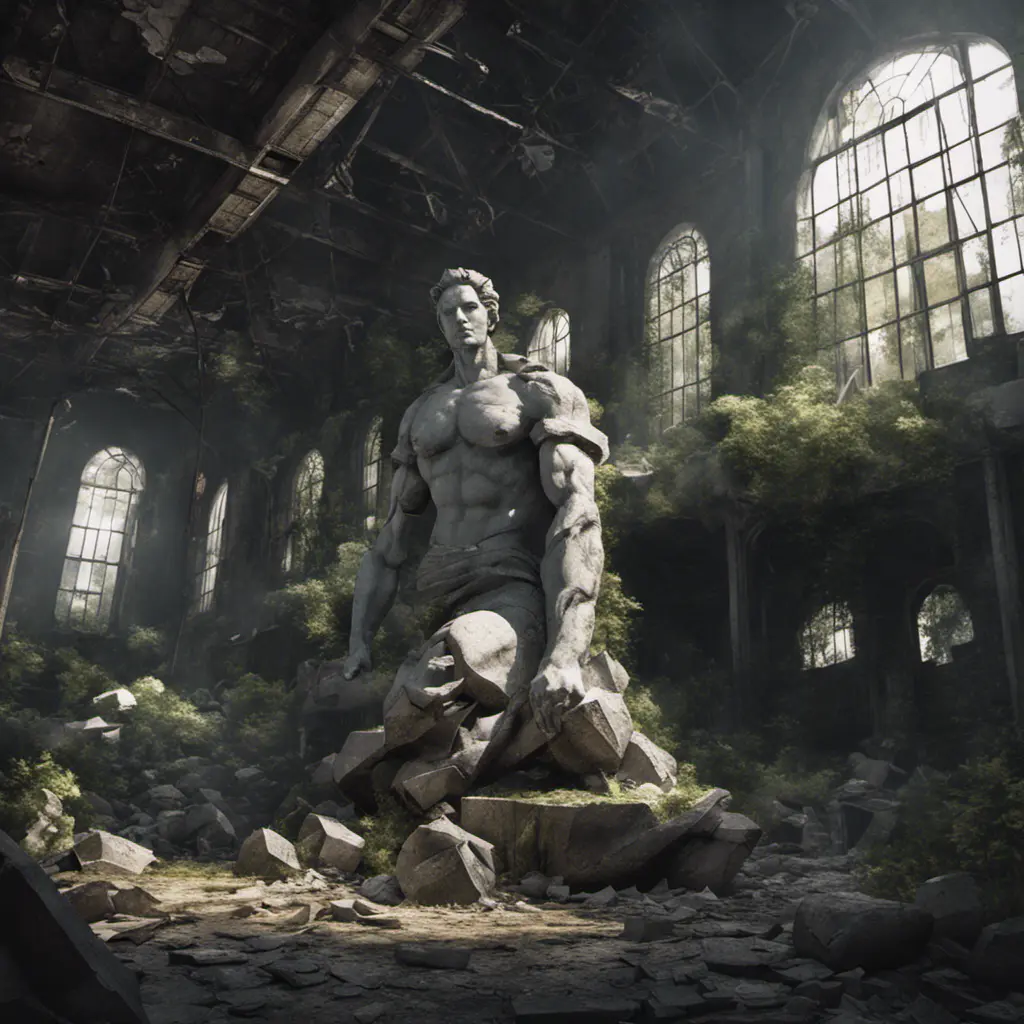 Close up, top view of a huge stone statue broken into pieces inside an abandoned warehouse overgrown inside abandonated factory, big rocks,, 8k, Gothic and Fantasy, Beautiful, Sci-Fi, Photo Realistic by Greg Rutkowski