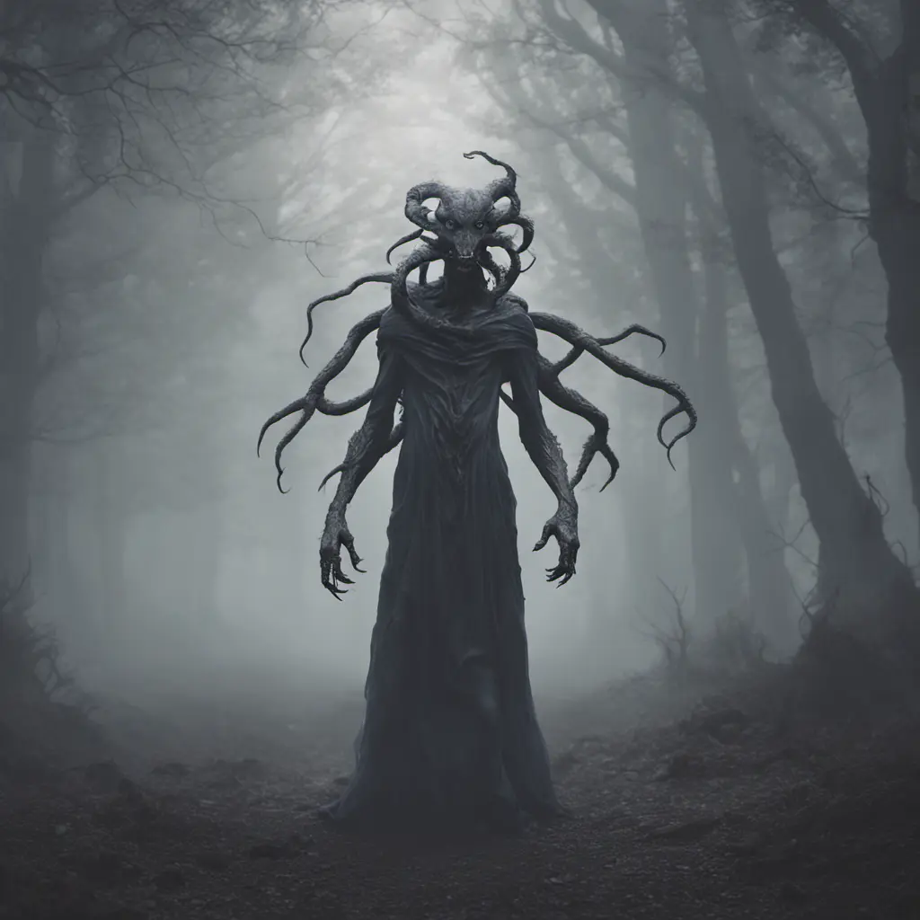 Humanoid creature eldritch horror, dark obscured by fog, full body shot, far away, 8k, Gothic and Fantasy, Beautiful, Sci-Fi, Photo Realistic