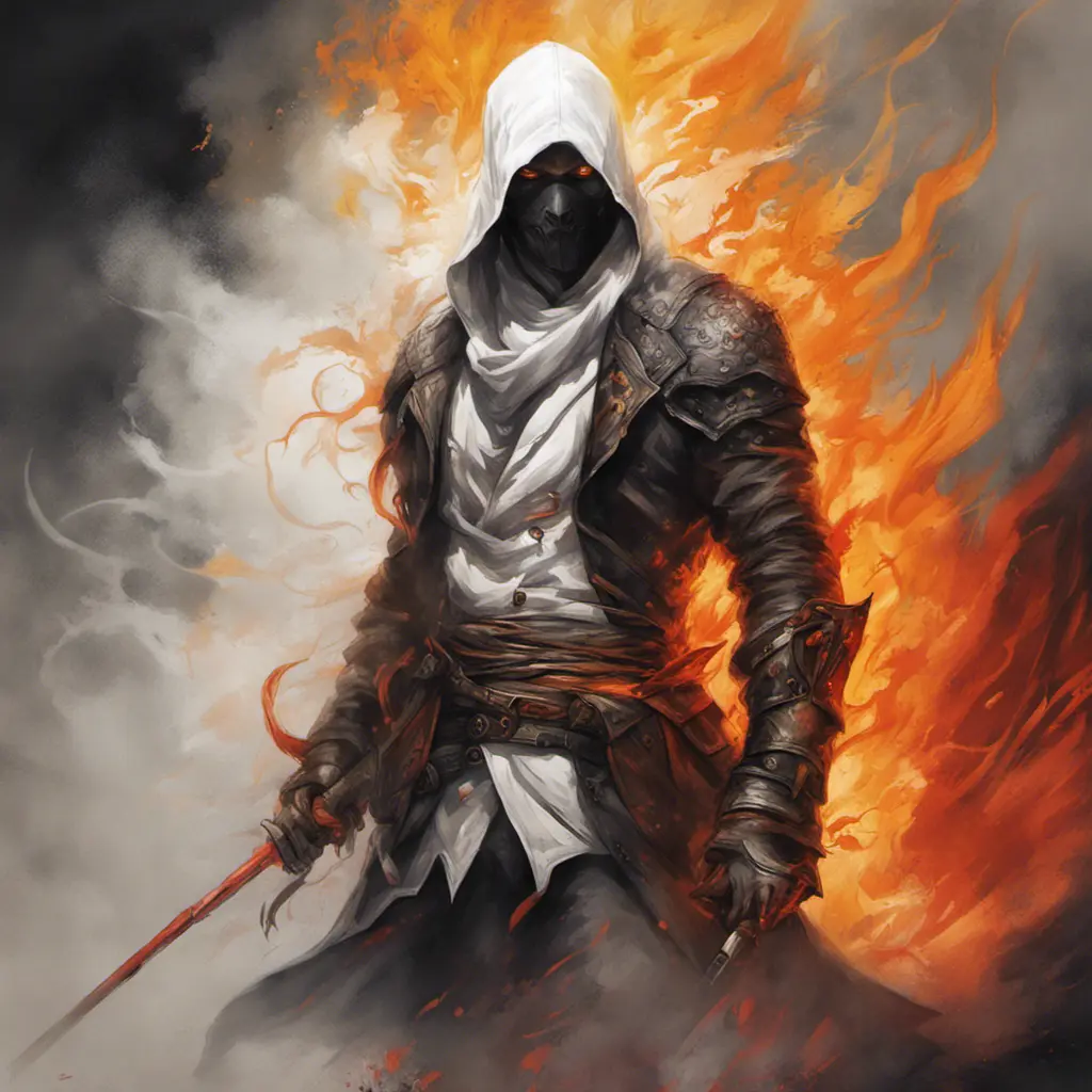 White Assassin emerging from a firey fog of battle, ink splash, Highly Detailed, Vibrant Colors, Ink Art, Fantasy, Dark by Stanley Artgerm Lau