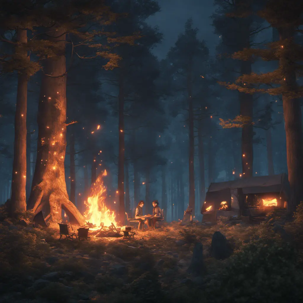 A highly detailed matte painting of a camp fire in the forest at night by studio ghibli, 4k resolution, Masterpiece, Trending on Artstation, Cyberpunk, Octane Render, Volumetric Lighting