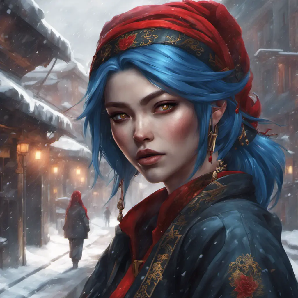 Mysterious beautiful kunoichi ninja with blue hair wearing black, red, and gold jewelry in the streets of a dark snowy town in russia, 8k, Intricate Details, Trending on Artstation, Red Hair by Stanley Artgerm Lau, WLOP