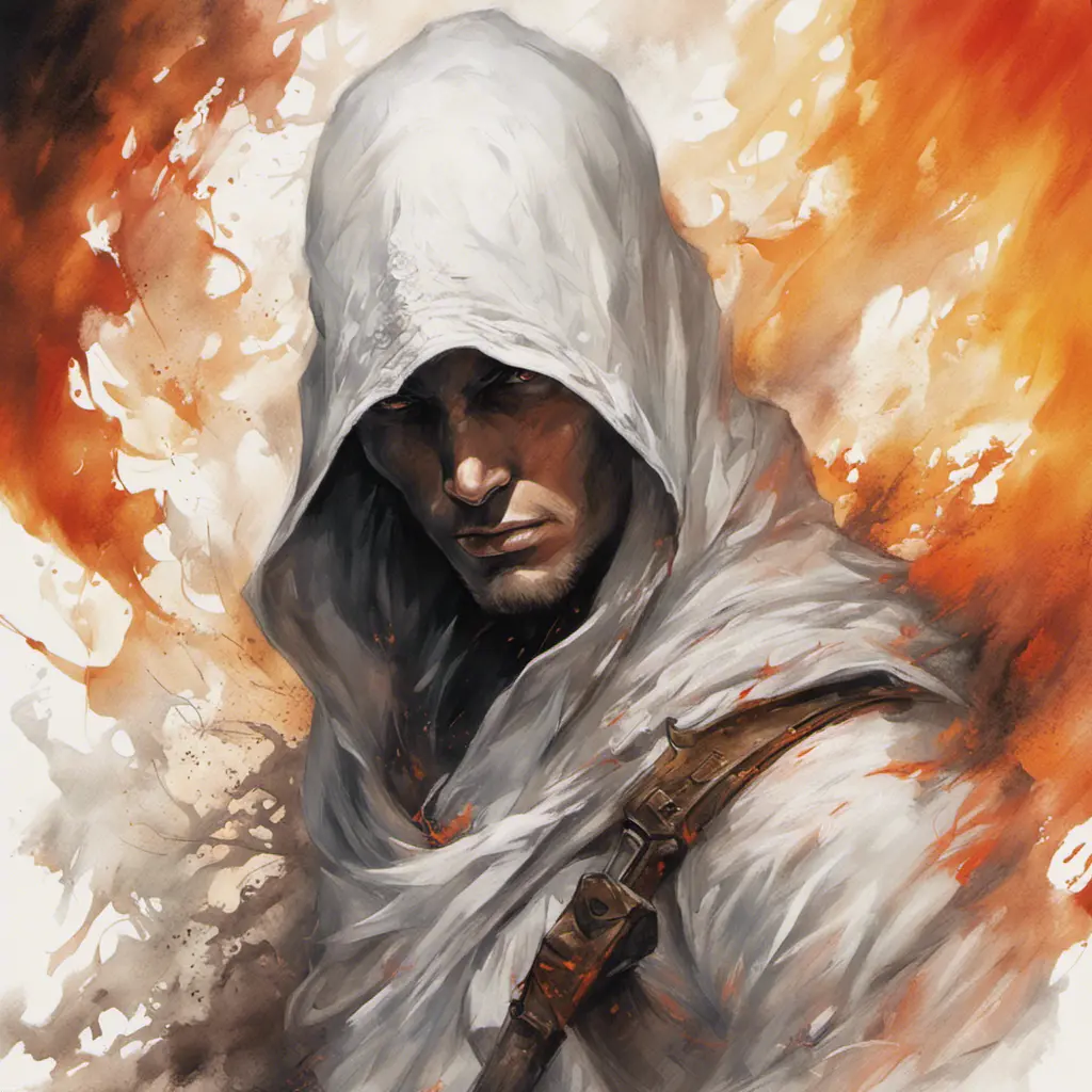 White Assassin emerging from a firey fog of battle, ink splash, Highly Detailed, Vibrant Colors, Ink Art, Fantasy, Dark by Stanley Artgerm Lau