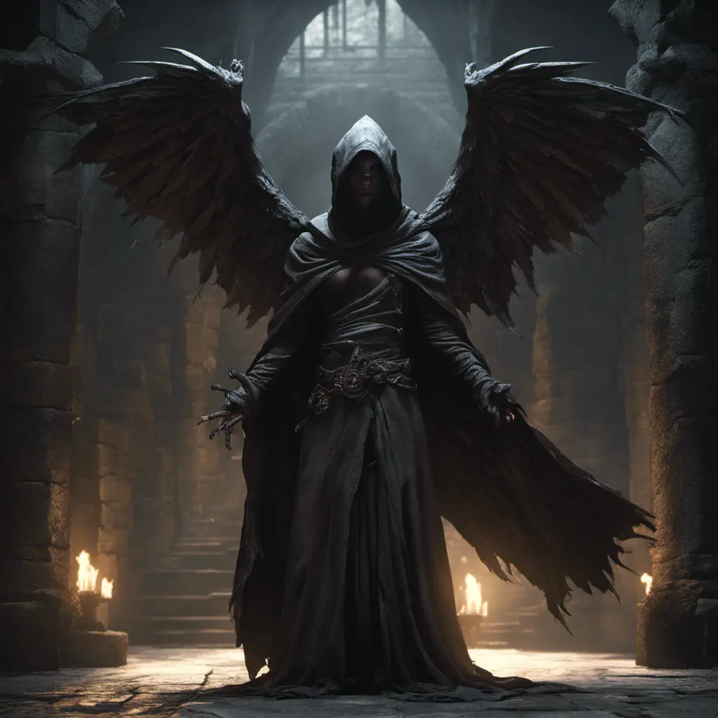 Hooded winged wraith in a dungeon, 8k, Gothic and Fantasy, Elden Ring, Photo Realistic, Dynamic Lighting by Greg Rutkowski