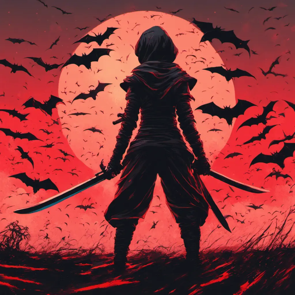 Back view of a female ninja on a bloody batte field. Flying bats in the sky that is colored by a red sun set, Dystopian, Volumetric Lighting