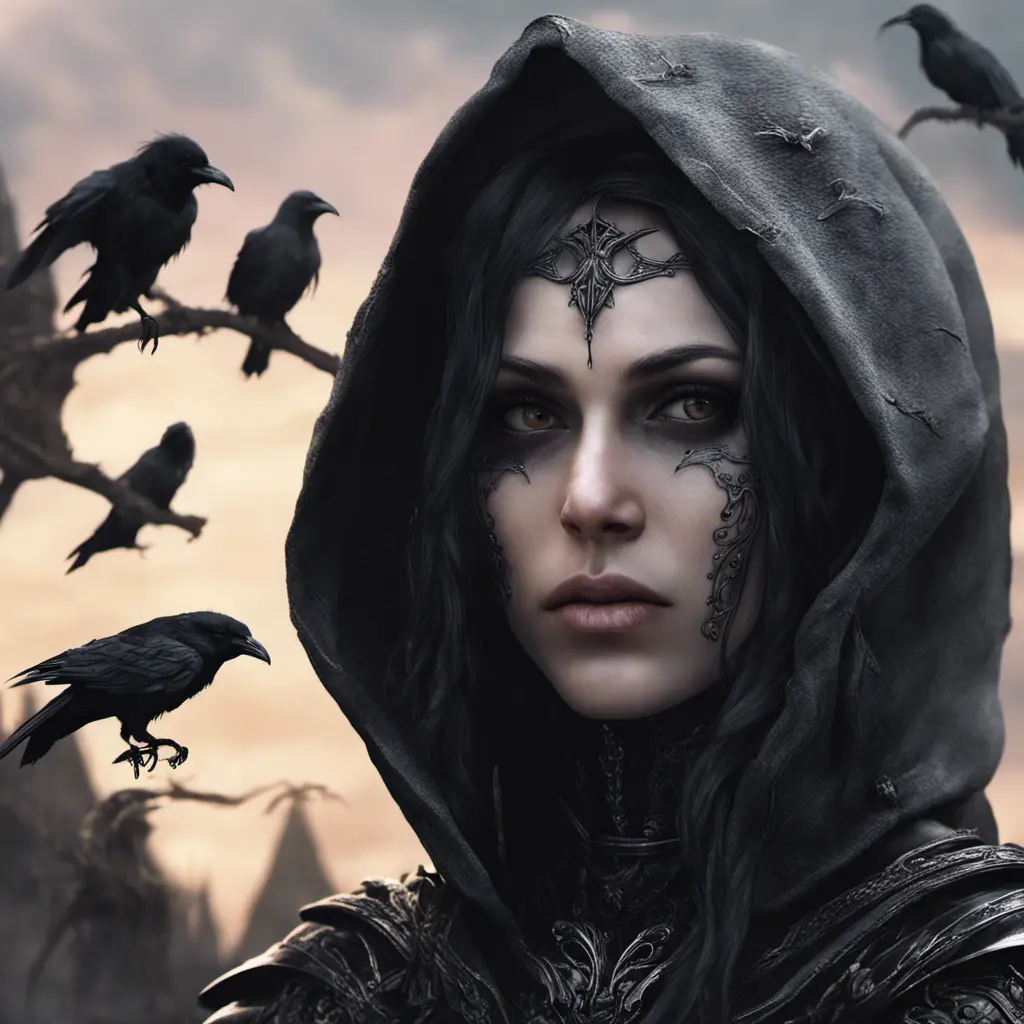 Intricate portrait of a horrifying pale assassin dusk elf, black hair, black eyes, fully covering black hooded armor, ravens, 8k, Gothic and Fantasy, Beautiful, Sci-Fi, Photo Realistic