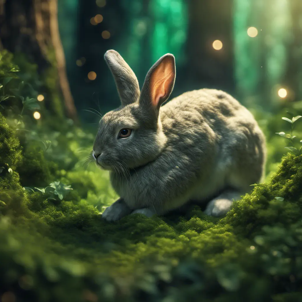 Rabbit in a green magical forest, Highly Detailed, Bokeh effect, Sharp Focus, Volumetric Lighting, Fantasy by Greg Rutkowski