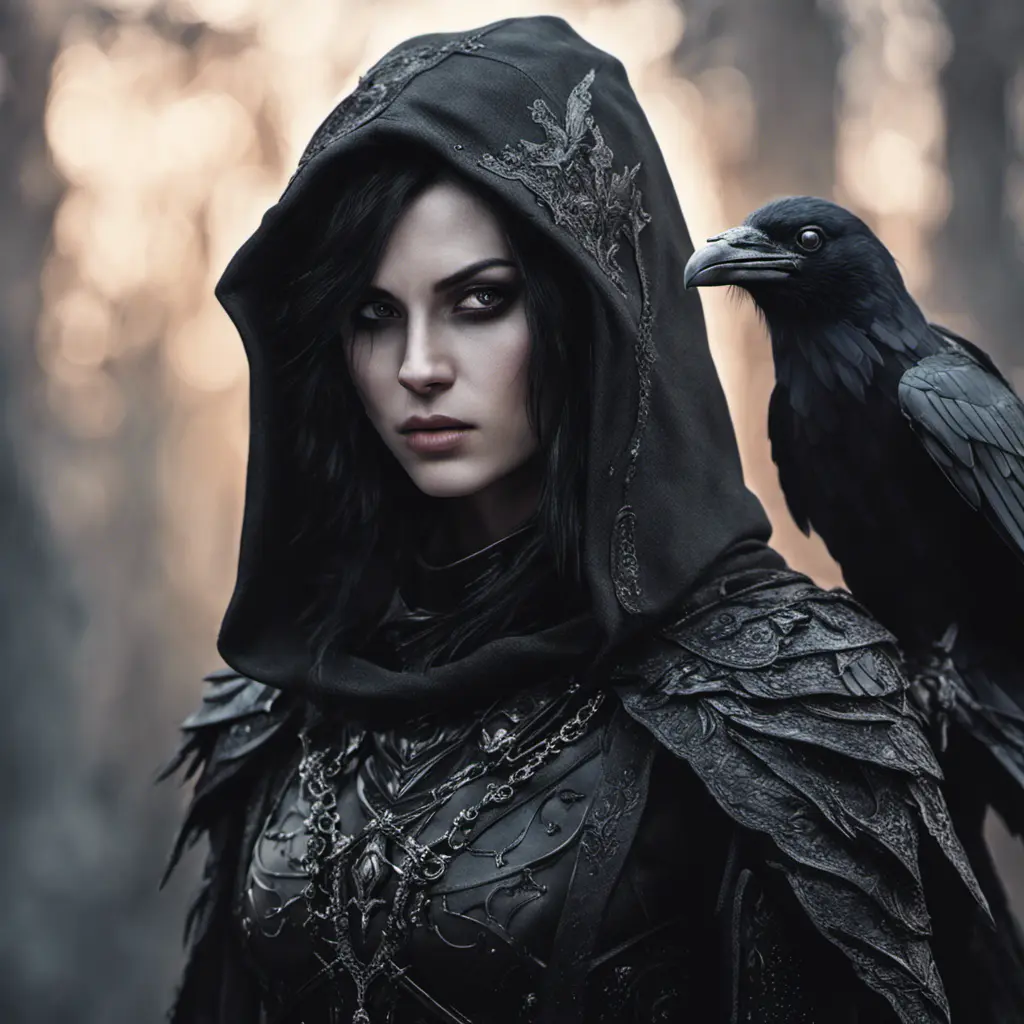 Intricate portrait of a horrifying pale assassin dusk elf, black hair, black eyes, fully covering black hooded armor, ravens, 8k, Gothic and Fantasy, Beautiful, Sci-Fi, Photo Realistic