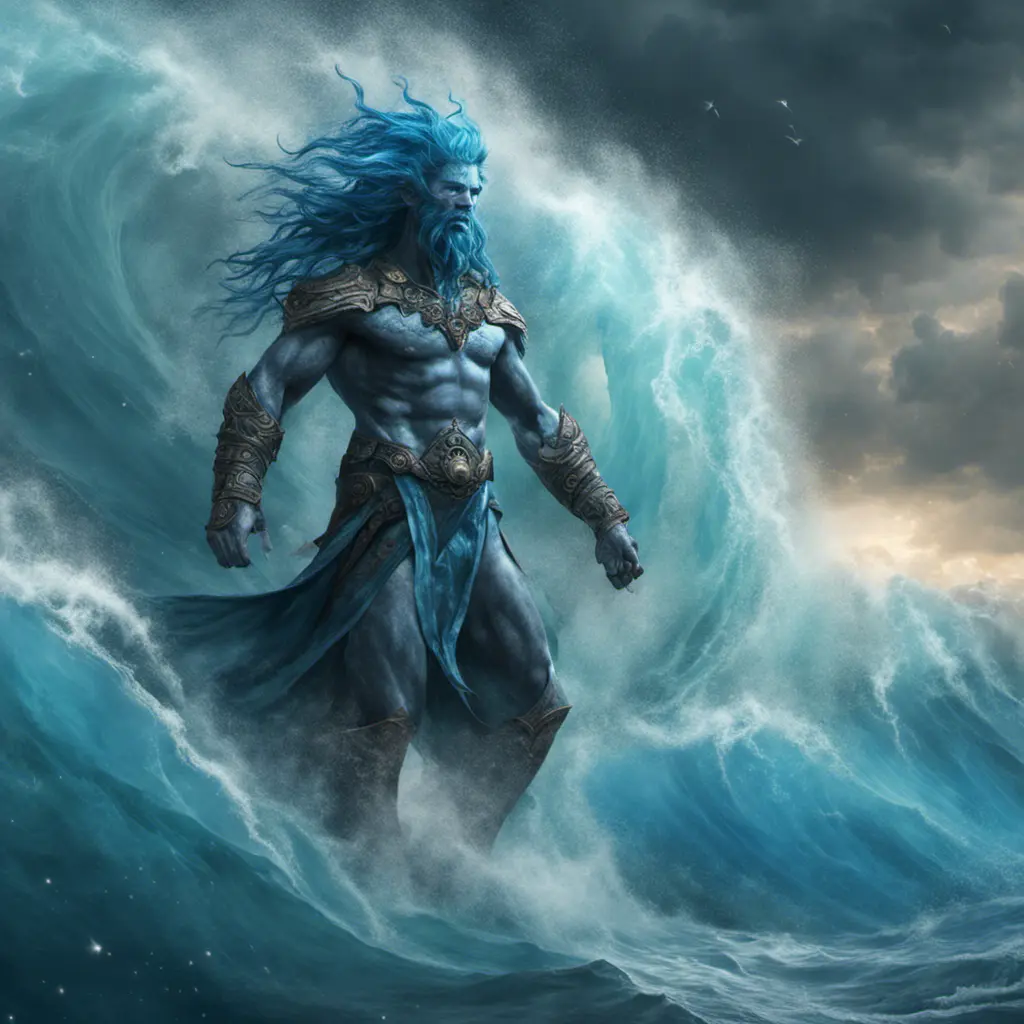 A celestial Blue-skinned God of the Seas, Storms, and Exploring emanating power of the seas, wearing half-leather, shrouded in storms in the style of digital art, 8k, Fantasy