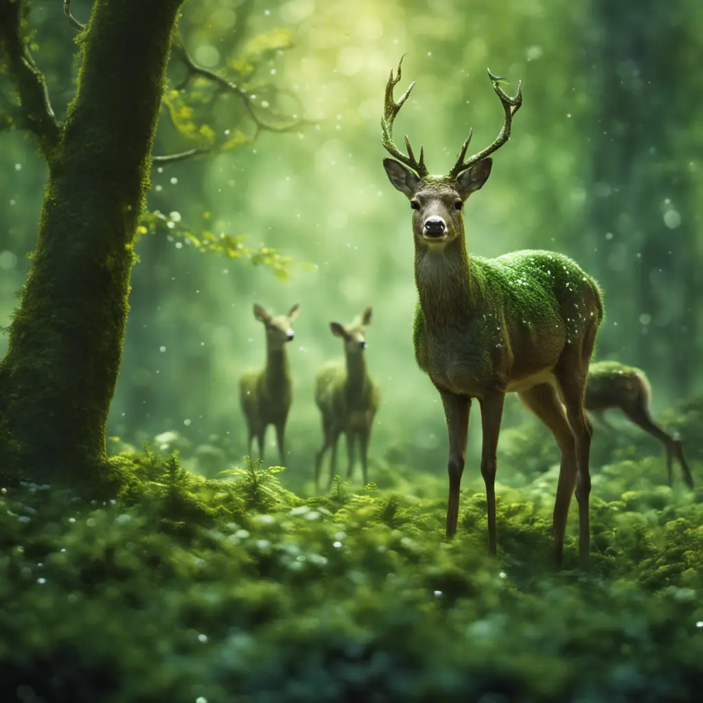 Deer in a green magical forest, Highly Detailed, Bokeh effect, Sharp Focus, Volumetric Lighting, Fantasy by Greg Rutkowski