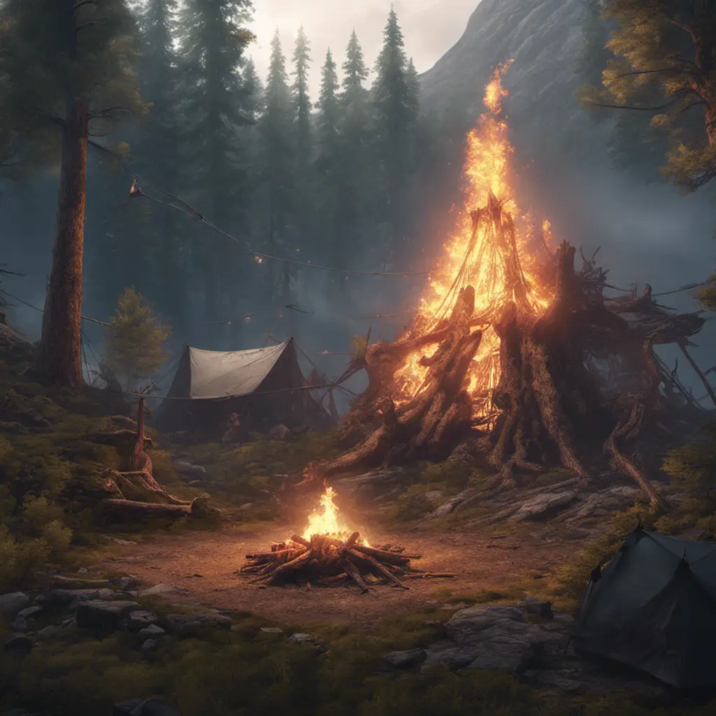 A highly detailed matte painting of a camp fire in an epic mountain forest, 4k resolution, Masterpiece, Trending on Artstation, Cyberpunk, Octane Render, Volumetric Lighting