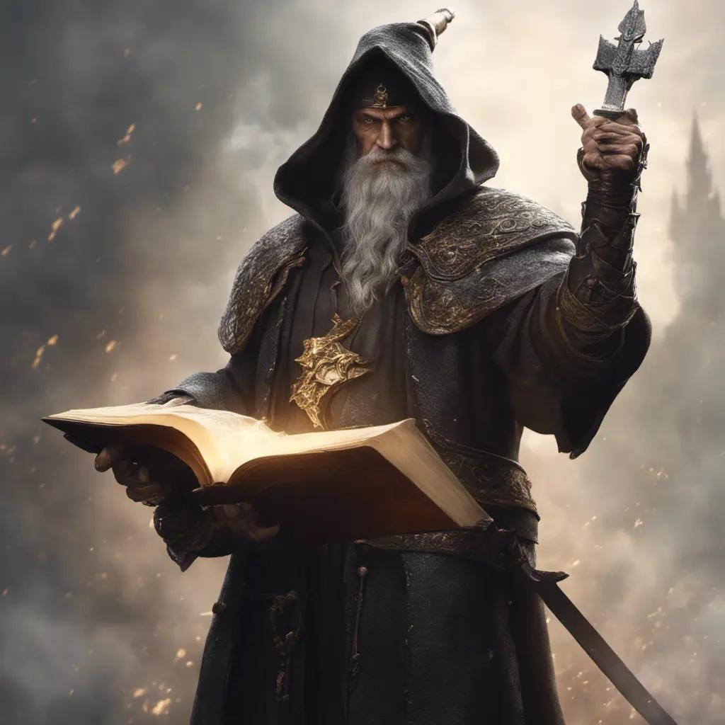 Fierce wizard with book in left and sword right hand, 8k, Gothic and Fantasy, Elden Ring, Photo Realistic, Dynamic Lighting by Greg Rutkowski