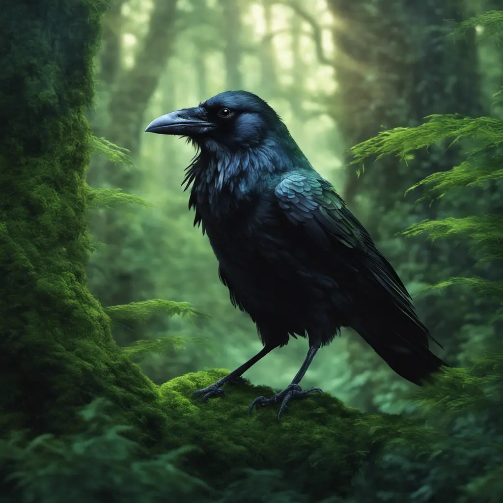 Raven in a green magical forest, Highly Detailed, Bokeh effect, Sharp Focus, Volumetric Lighting, Fantasy by Greg Rutkowski