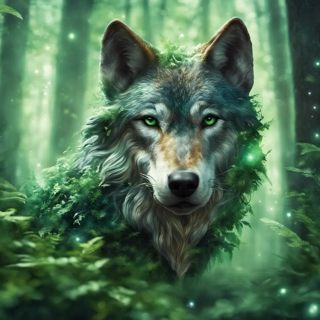 Wolf in a green magical forest, Highly Detailed, Bokeh effect, Sharp Focus, Volumetric Lighting, Fantasy by Greg Rutkowski