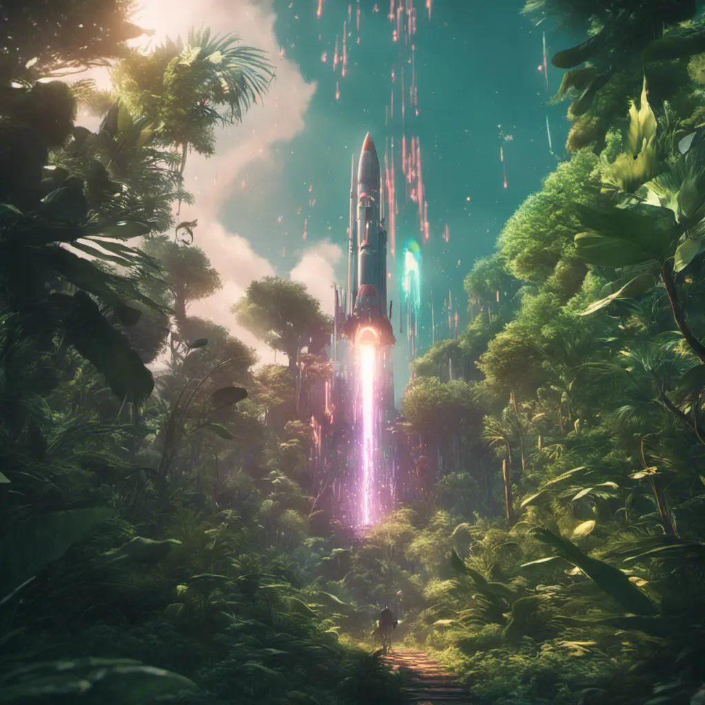 Studio ghibli, rocket explosion, jungle, solar, green technology, optimist future, 8k, Bokeh effect, Cinematic Lighting, Octane Render, Iridescence, Vibrant by Beeple, Dan Mumford, Greg Rutkowski, WLOP