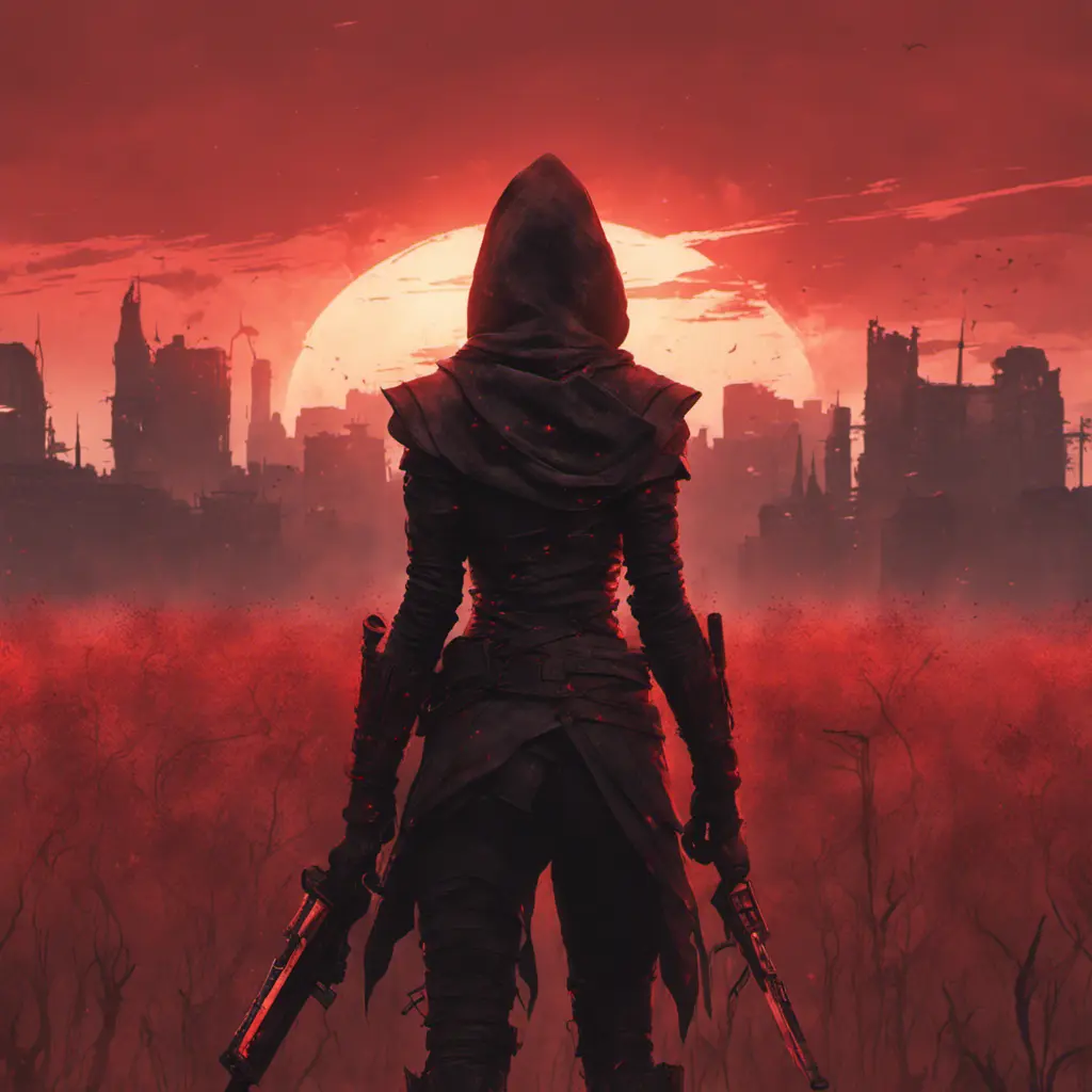 Back view of a female assassin on a bloody batte field. The sky is colored by a red sun set, Dystopian, Volumetric Lighting