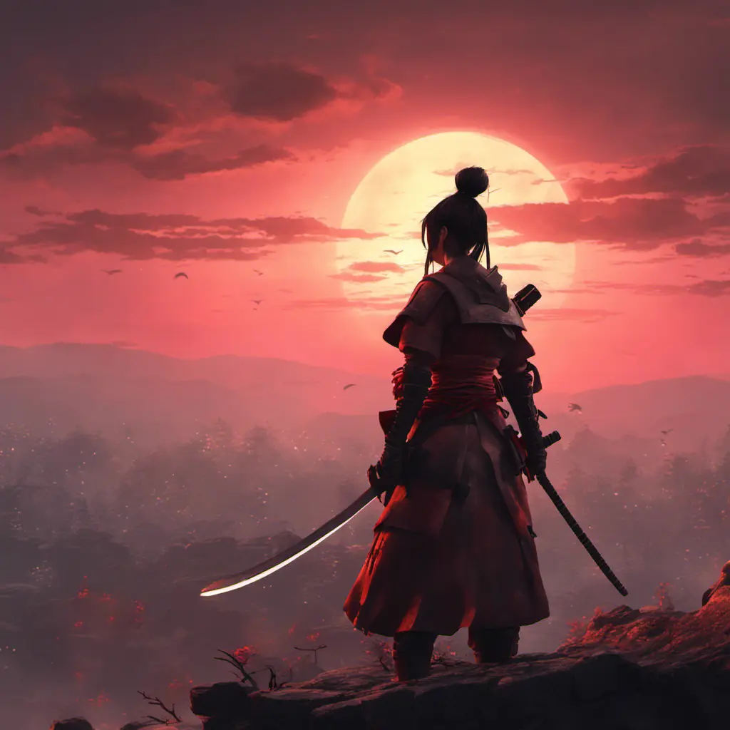 Backview of a female samurai assassin. The sky is colored by a red sun set, 8k, Dystopian, Trending on Artstation, Volumetric Lighting