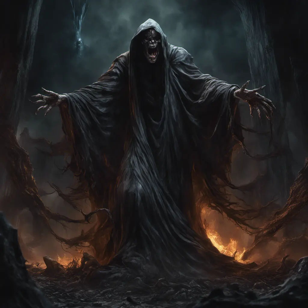 Face a dementor with a reaped and scary tunica in hell, above a pile of corpses, dark and scary night, realistic, detailed, horror, spooky, terror, 8k, Gothic and Fantasy, Elden Ring, Photo Realistic, Dynamic Lighting by Stanley Artgerm Lau, Greg Rutkowski