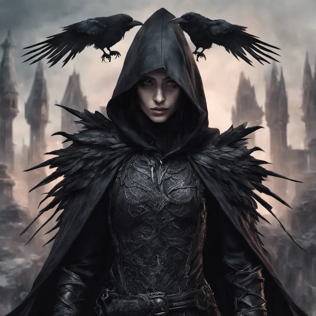 Intricate portrait of a horrifying pale assassin dusk elf, black hair, black eyes, fully covering black hooded armor, ravens, 8k, Gothic and Fantasy, Beautiful, Sci-Fi, Photo Realistic