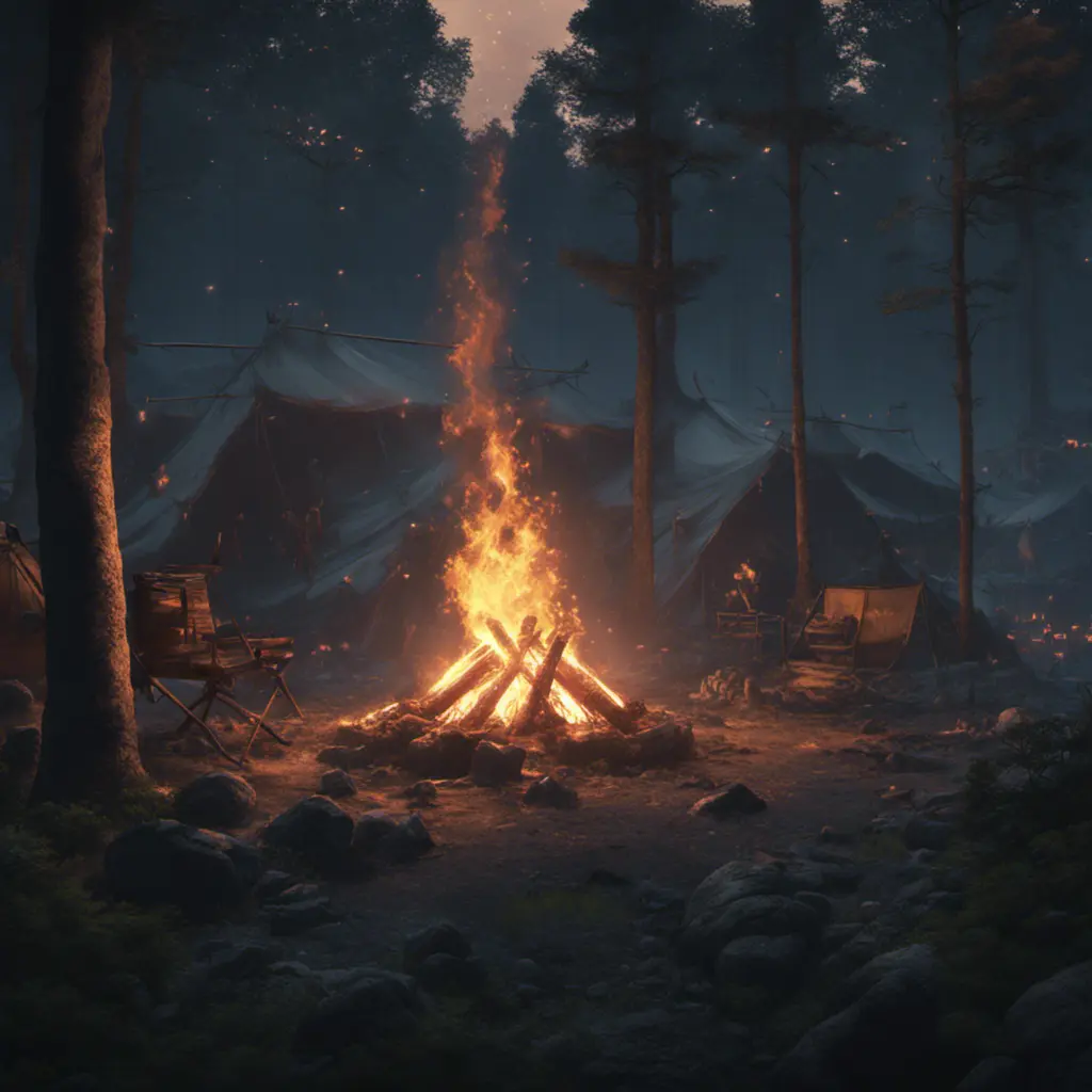 A highly detailed matte painting of a camp fire in the forest at night by studio ghibli, 4k resolution, Masterpiece, Trending on Artstation, Cyberpunk, Octane Render, Volumetric Lighting