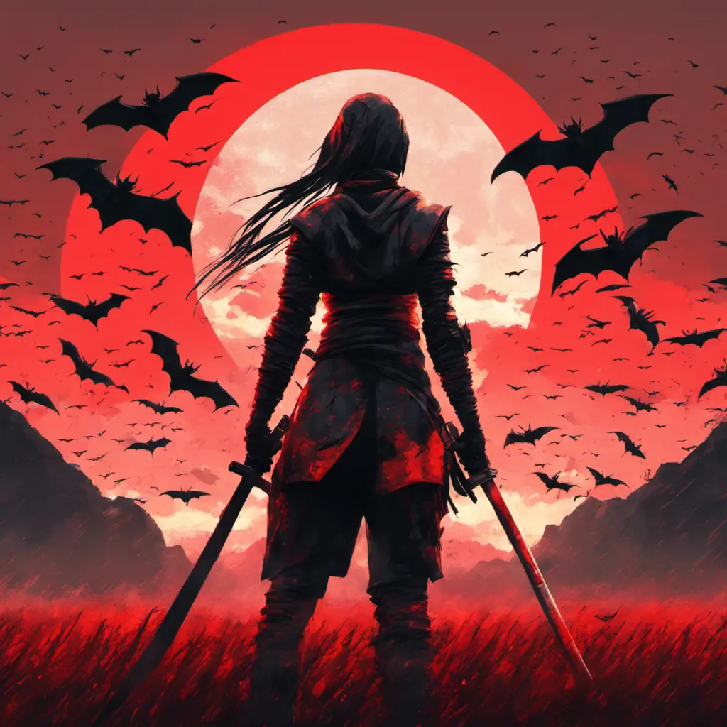 Back view of a female ninja on a bloody batte field. Flying bats in the sky that is colored by a red sun set, Dystopian, Volumetric Lighting