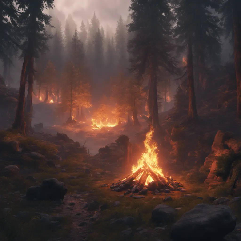 A highly detailed matte painting of a camp fire in an epic mountain forest, 4k resolution, Masterpiece, Trending on Artstation, Cyberpunk, Octane Render, Volumetric Lighting