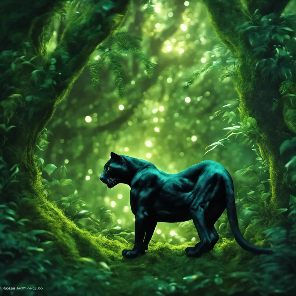 Panther in a luscious green magical forest, Highly Detailed, Bokeh effect, Sharp Focus, Volumetric Lighting, Fantasy by Greg Rutkowski