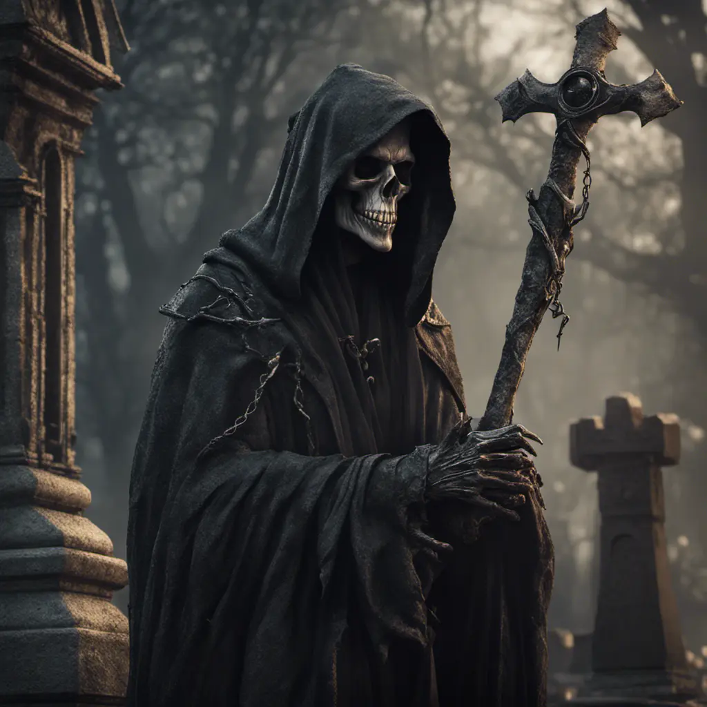 Portrait of the grim reaper in a graveyard, 8k, Gothic and Fantasy, Elden Ring, Photo Realistic, Dynamic Lighting by Greg Rutkowski