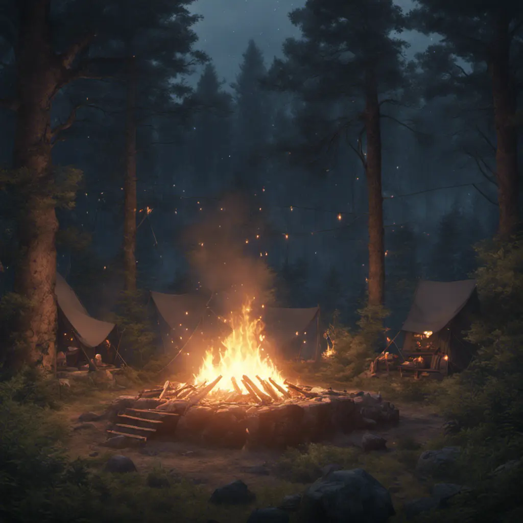 A highly detailed matte painting of a camp fire in the forest at night by studio ghibli, 4k resolution, Masterpiece, Trending on Artstation, Cyberpunk, Octane Render, Volumetric Lighting