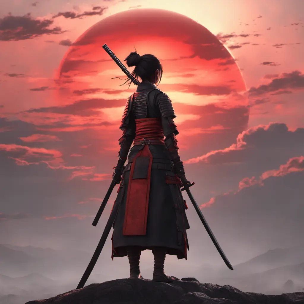 Backview of a female samurai assassin. The sky is colored by a red sun set, 8k, Dystopian, Trending on Artstation, Volumetric Lighting