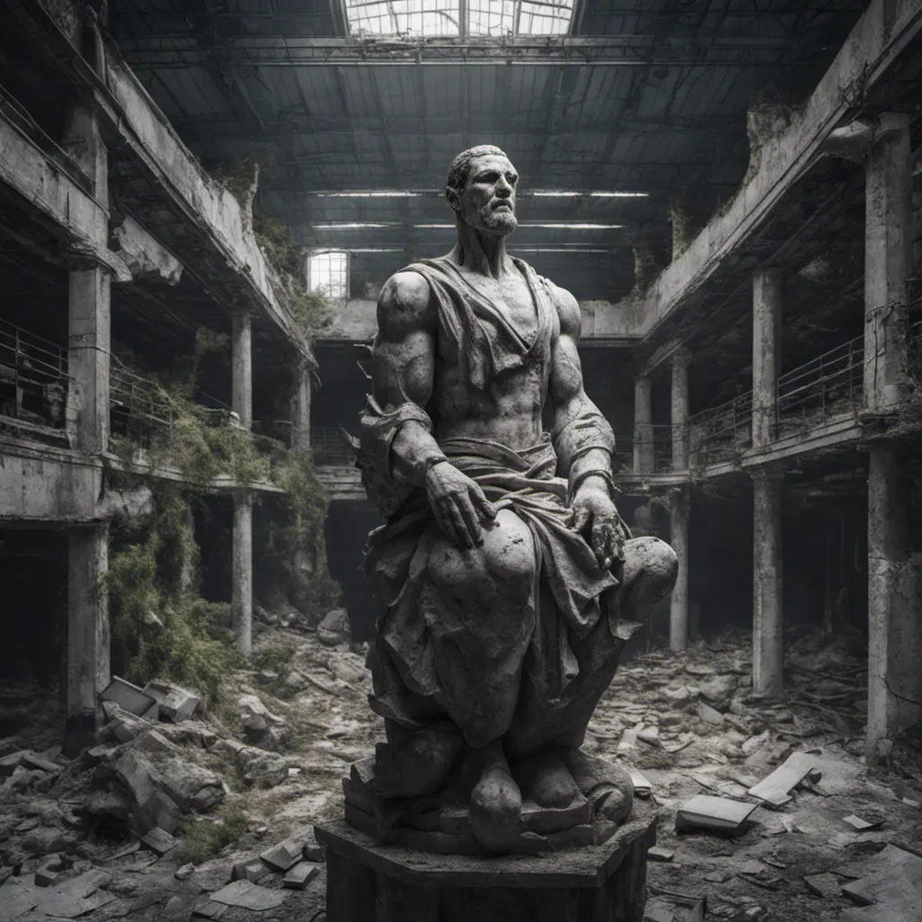 Close up, top view of a huge stone statue broken into pieces inside an abandoned warehouse overgrown inside abandonated factory, big rocks,, 8k, Gothic and Fantasy, Beautiful, Sci-Fi, Photo Realistic by Greg Rutkowski