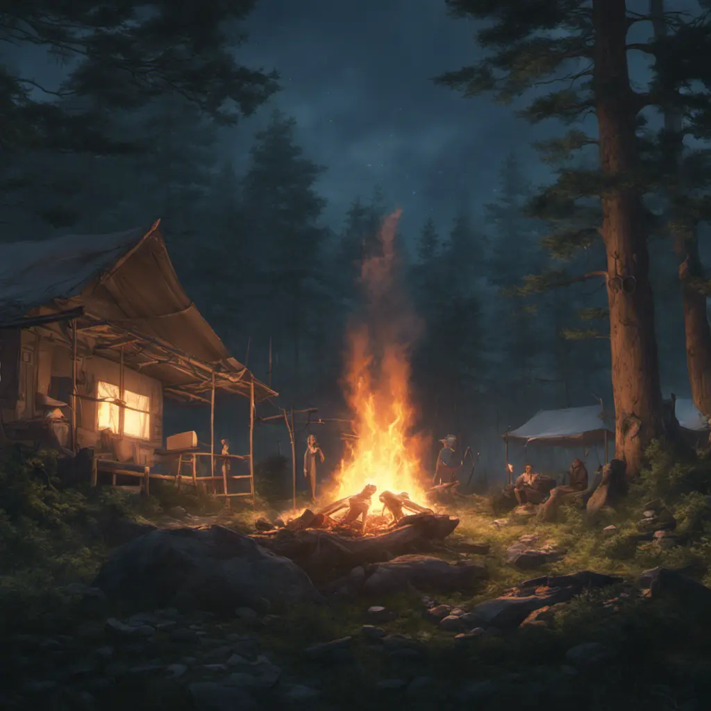 A highly detailed matte painting of a camp fire in the forest at night by studio ghibli, 4k resolution, Masterpiece, Trending on Artstation, Cyberpunk, Octane Render, Volumetric Lighting by Stanley Artgerm Lau, Greg Rutkowski, Makoto Shinkai, WLOP