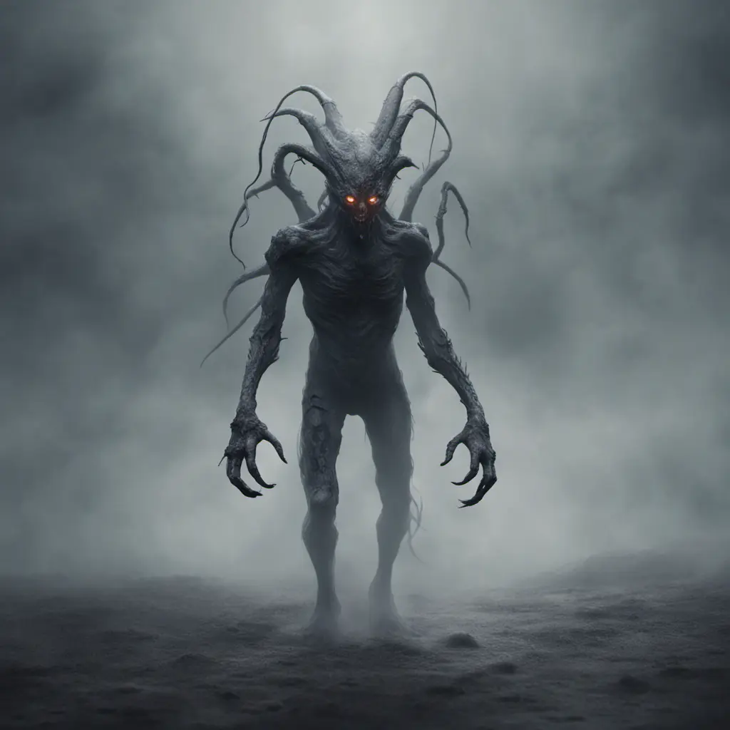 Humanoid creature eldritch horror, dark obscured by fog, full body shot, far away, 8k, Gothic and Fantasy, Beautiful, Sci-Fi, Photo Realistic