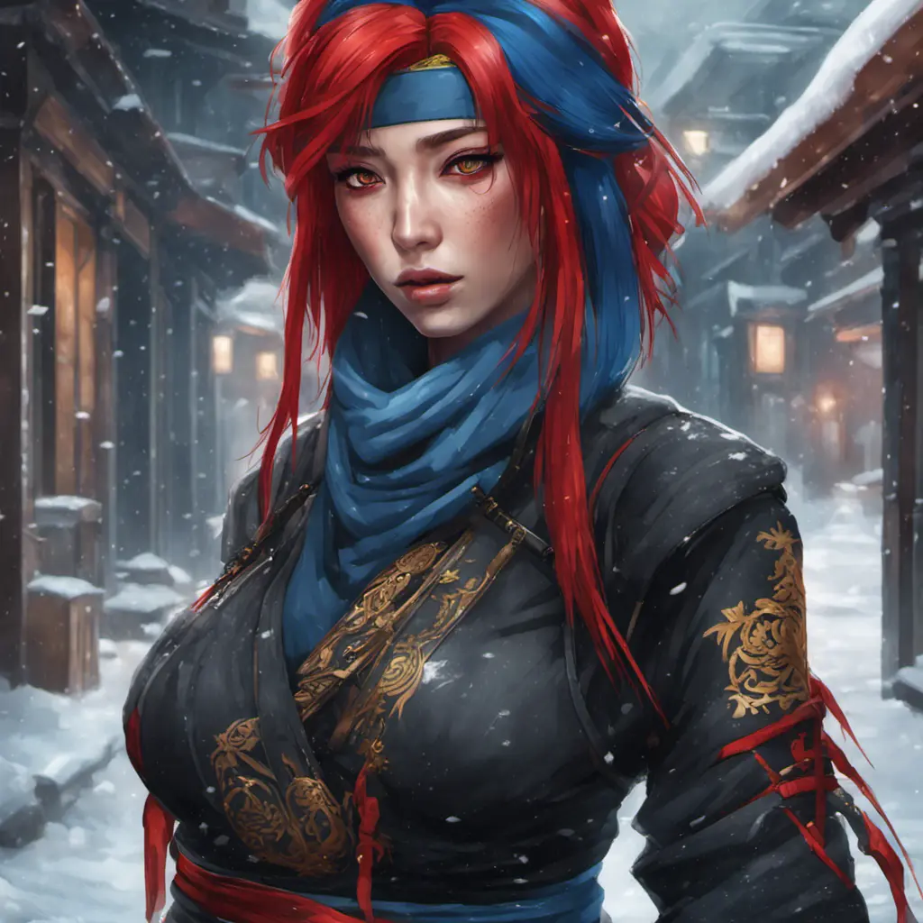 Mysterious beautiful kunoichi ninja with blue hair wearing black, red, and gold jewelry in the streets of a dark snowy town in russia, 8k, Intricate Details, Trending on Artstation, Red Hair by Stanley Artgerm Lau, WLOP