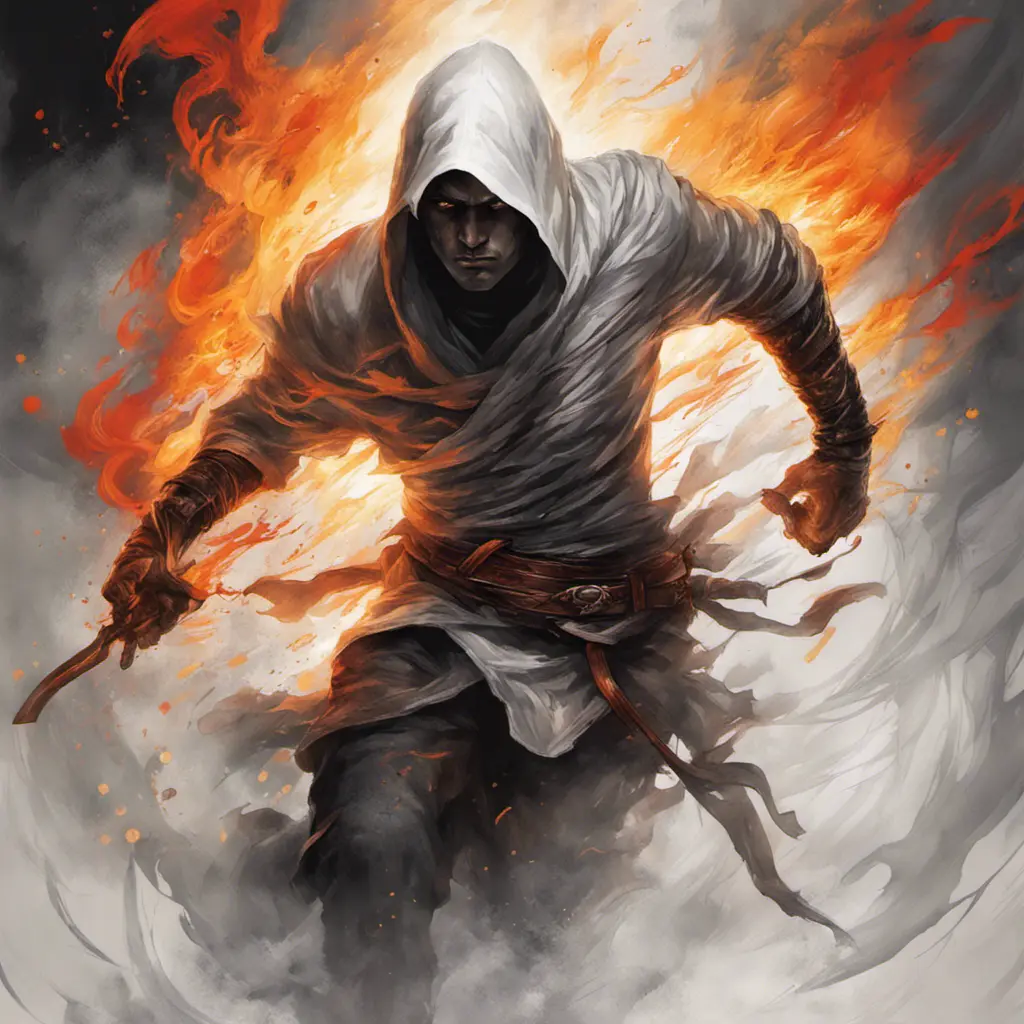 White Assassin emerging from a firey fog of battle, ink splash, Highly Detailed, Vibrant Colors, Ink Art, Fantasy, Dark by Stanley Artgerm Lau