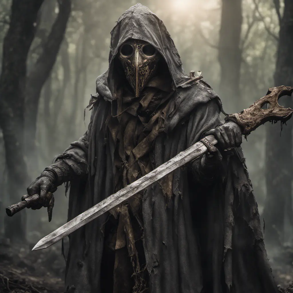 Warrior in tattered gray cloak and crooked ceramic plague docter mask wielding jungle weapon, 8k, Gothic and Fantasy, Elden Ring, Photo Realistic, Dynamic Lighting by Greg Rutkowski